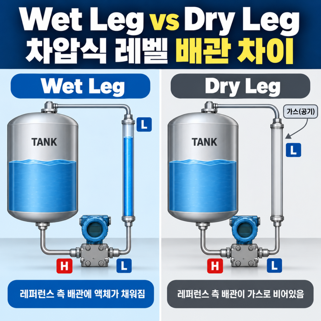 Wet Leg와 Dry Leg 차압 레벨 측정 배관 차이