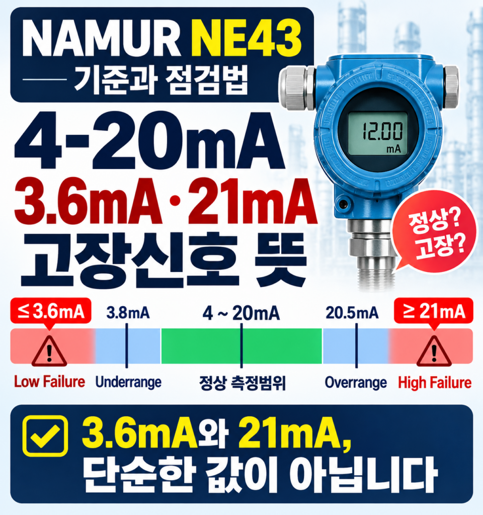 NAMUR NE43 기준의 4-20mA 3.6mA·21mA 고장신호 구간