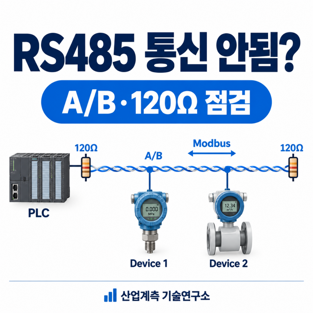 RS485 통신에서 PLC와 Device 1·2를 A/B 2선식으로 연결하고 버스 양 끝에 120Ω 종단저항을 설치한 구성