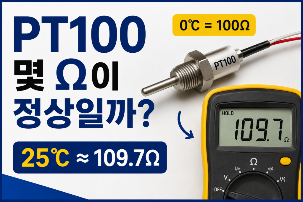 PT100 온도센서와 멀티미터를 이용해 25℃에서 약 109.7Ω이 측정되는 정상 저항값을 보여주는 이미지